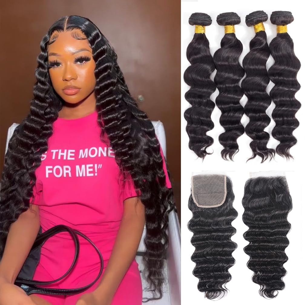 Deep Wave 3 Bundles With Closure - 30인치 루즈 웨이브 번들 인모 및