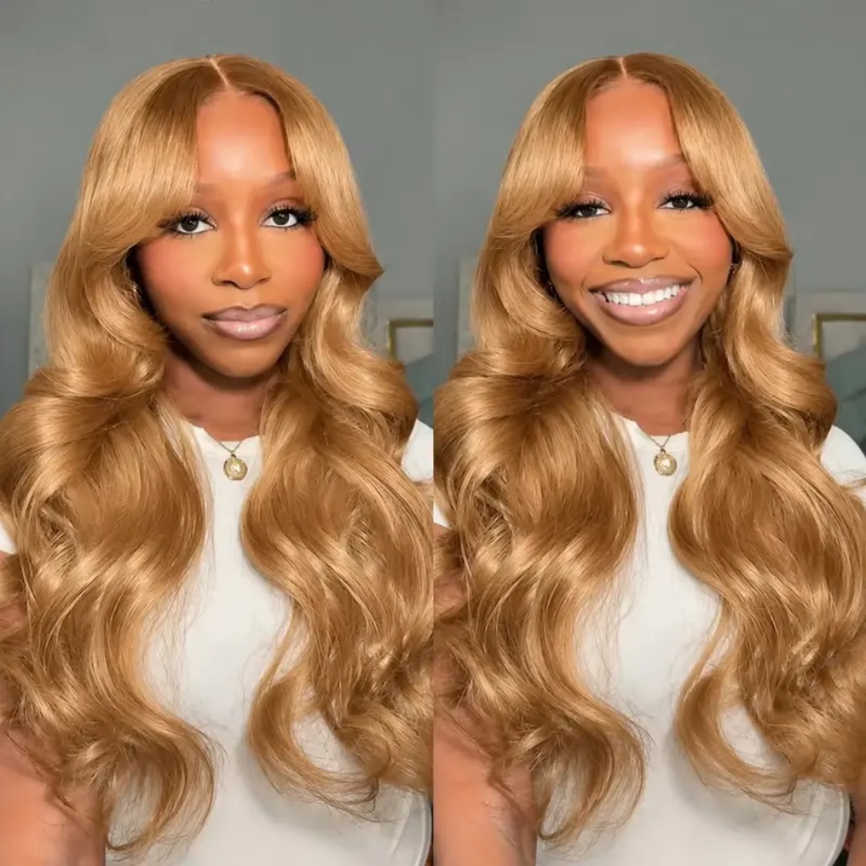 Hd Lace Frontal Wig Human Hair Pre Plucked - 허니 블론드 색상의 바디 웨이브 스타일