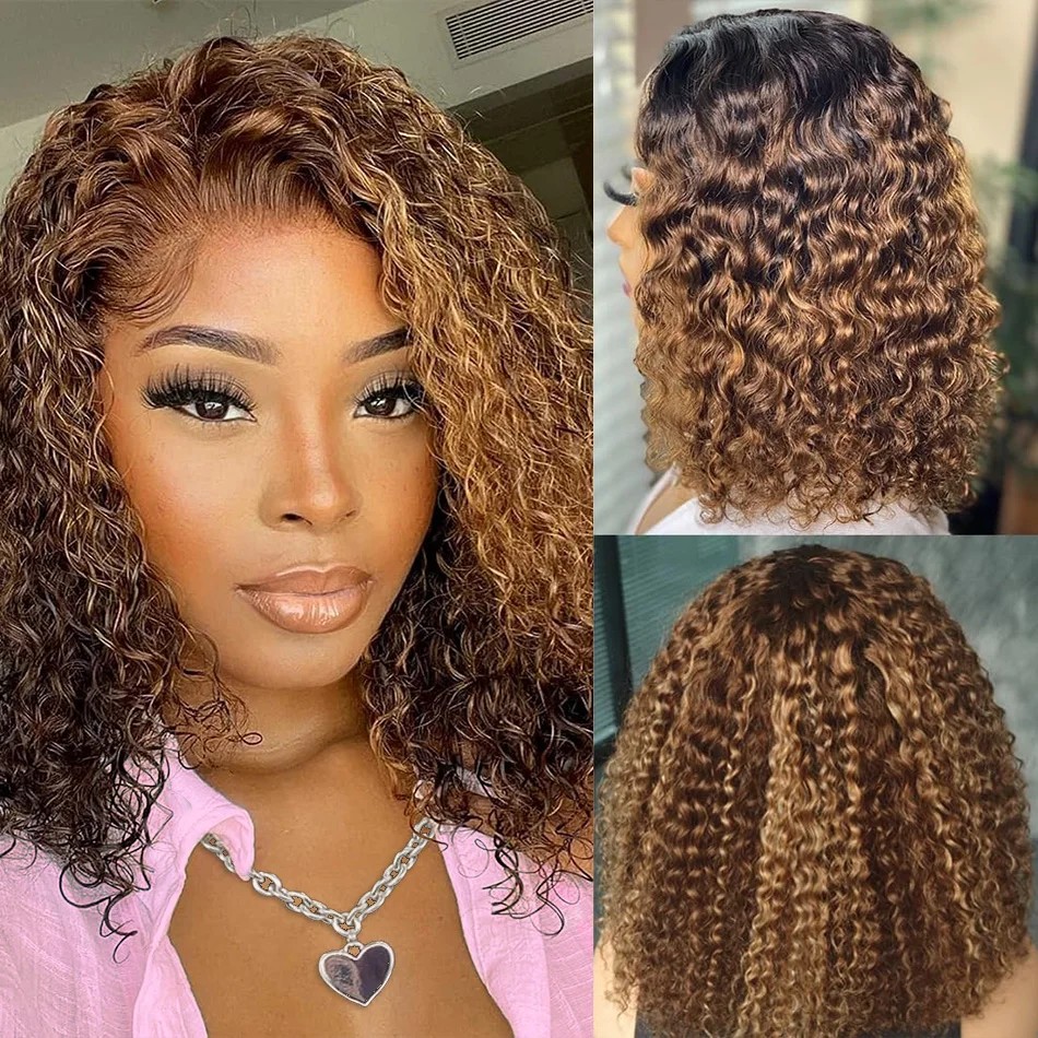 P4/27 하이라이트 컬리 숏 밥 스타일 가발, 천연  - Glueless Wear And Go Human Hair Wig 리뷰 및 가격