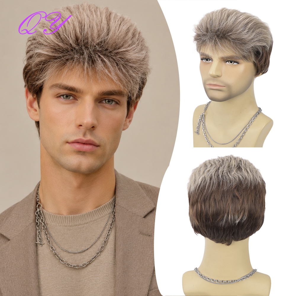 합성 짧은 갈색 아마색 남성용 레이어드 푹신한 가발(앞 - Synthetic Wigs 리뷰 및 가격